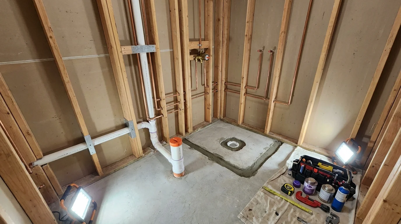Bathroom rough-in plumbing during remodel by Johns Plumbing LLC in Avis
