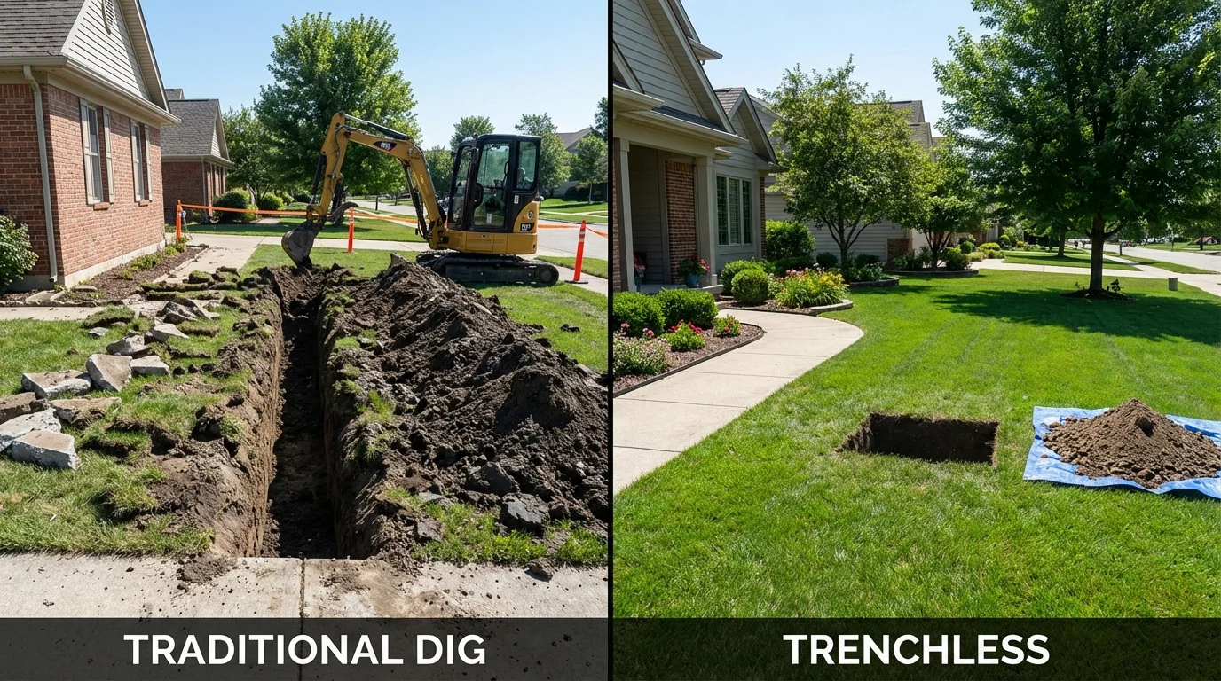 Trenchless sewer repair with minimal yard damage versus traditional excavation in Avis, PA