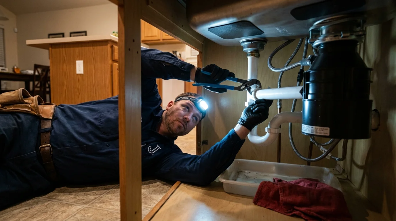 P-trap and supply line connections under a kitchen sink showing a common leak point in Avis, PA